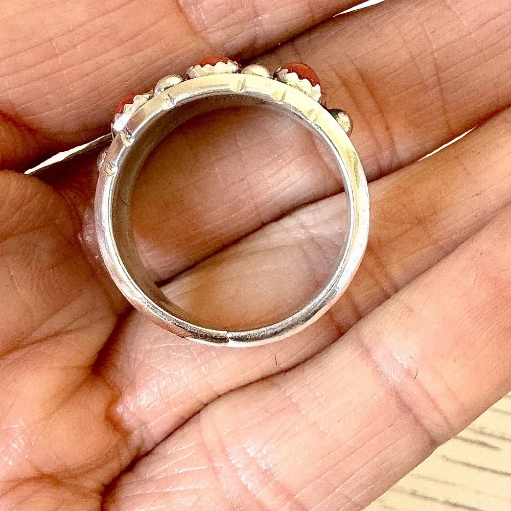 Navajo Mens Wedding Band Red Coral Ring Sz‎ 13.5 Native Amer 15mm Dark Sterling